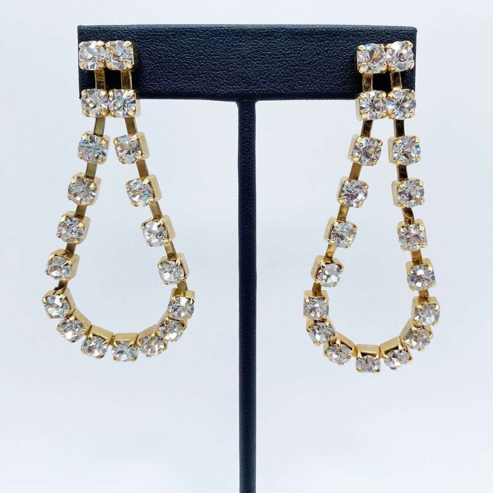Gold Tone Rhinestone Articulated Dangle Drop Earrings Glamour Bling Luxe 2.5" - Picture 2 of 7